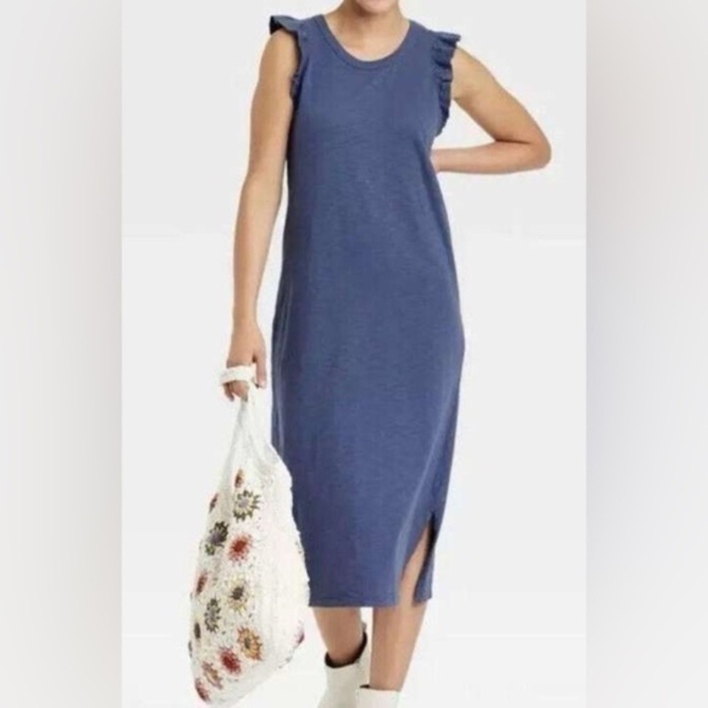 Women Universal Thread Blue Flutter Sleeve Midi Dress Medium Size